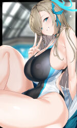 Rule 34 | 1girl, absurdres, asuna (blue archive), blue archive, blue halo, blue jacket, blurry, blurry background, breasts, choker, competition swimsuit, grin, halo, highres, huge breasts, indoors, jacket, light brown hair, long hair, looking at viewer, maruyaa (malya1006), one-piece swimsuit, outside border, rei no pool, smile, solo, swimsuit, v, wet