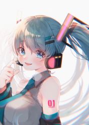 Rule 34 | 1girl, absurdres, alternate breast size, aqua eyes, aqua hair, aqua necktie, arm tattoo, bad id, bad pixiv id, bare shoulders, blush, breasts, collared shirt, detached sleeves, from side, glowing, grey nails, grey shirt, hair ornament, hairclip, hatsune miku, headphones, headset, highres, lace, lace-trimmed shirt, lace trim, large breasts, long hair, looking at viewer, nail polish, necktie, open mouth, shirt, simple background, smile, solo, suna co, tattoo, twintails, upper body, vocaloid, white background
