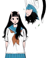 Rule 34 | 2girls, animal ears, black eyes, blue skirt, blunt bangs, cat ears, cat girl, cat tail, chipped tooth, contemporary, dungeon meshi, eye contact, frs2, highres, horns, inutade, izutsumi, leaf, long hair, looking at another, mole, mole under eye, multiple girls, neckerchief, oni, oni horns, open mouth, pleated skirt, profile, red neckerchief, sailor collar lift, school uniform, serafuku, short hair, short sleeves, sideways glance, simple background, sketch, skirt, tail, upper body, upside-down, white background, yellow eyes