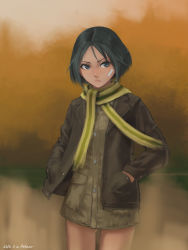 Rule 34 | 10s, 1girl, bad id, bad pixiv id, bandaid, bandaid on face, black eyes, black hair, brave witches, cowboy shot, dated, eyelashes, furukawa herzer, hands in pockets, highres, jacket, kanno naoe, leather, leather jacket, looking to the side, parted bangs, scarf, serious, short hair, signature, solo, strike witches, uniform, world witches series