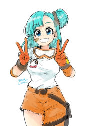 Rule 34 | 1girl, 2017, anpanman, bad id, bad pixiv id, bandaid, bandaid on cheek, bandaid on face, belt, blue eyes, blue hair, bulma, clenched teeth, dated, dokin-chan, double v, dragon ball, gloves, highres, looking at viewer, motimotifukurou, orange gloves, pants, short twintails, side ponytail, simple background, smile, solo, teeth, torn clothes, torn pants, tsuru hiromi, twintails, v, white background