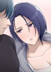 Rule 34 | 1boy, 1girl, alternate costume, black hair, black sweater, blue hair, blush, breasts, breath, byleth (fire emblem), byleth (male) (fire emblem), casual, cleavage, collarbone, commentary request, contemporary, drunk, fire emblem, fire emblem: three houses, furo atsushi, grey jacket, hood, hood down, hooded jacket, jacket, lips, looking to the side, nintendo, no eyes, open clothes, open jacket, parted lips, pink lips, purple eyes, shamir nevrand, shirt, short hair, sweat, sweater, white shirt