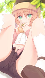 Rule 34 | 1girl, :|, ass, beanie, blush, blush stickers, brown hat, closed mouth, cropped hoodie, flat chest, food, fruit, furrowed brow, green eyes, hair between eyes, hat, highres, holding, holding food, holding fruit, hood, hoodie, komone ushio, leaf, looking at viewer, m legs, midriff, multicolored clothes, multicolored hoodie, navel, open fly, original, peach, pink hair, pink hoodie, short hair, socks, solo, thighs, unbuttoned, wavy mouth, white hoodie