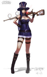 Rule 34 | 1girl, absurdres, armlet, armpits, bare shoulders, belt, black gloves, blue dress, blue eyes, blue hair, boots, breasts, brown footwear, caitlyn (league of legends), character name, cleavage, closed mouth, copyright name, dated, dress, fingerless gloves, full body, gloves, gun, hand on own hip, hat, highres, holding, holding gun, holding weapon, hou akira, league of legends, long hair, looking at viewer, matching hair/eyes, medium breasts, rifle, short dress, solo, standing, thigh strap, top hat, weapon, white background