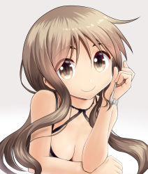 Rule 34 | 1girl, absurdres, bare arms, bare shoulders, blush, breasts, brown background, brown eyes, brown hair, cleavage, closed mouth, commentary request, earbuds, earphones, gradient background, hair between eyes, hand up, head tilt, highres, holding, holding earphones, long hair, looking at viewer, matsumoto yoriko, sleeveless, small breasts, smile, solo, taka (takahirokun), white background, yuyushiki