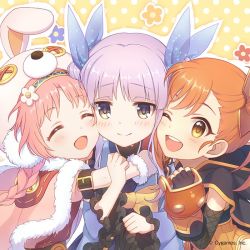 Rule 34 | 3girls, ^ ^, animal hat, animal hood, braid, button eyes, buttons, cheek-to-cheek, closed eyes, closed mouth, copyright notice, cygames, girl sandwich, hat, heads together, hood, hug, kyoka (princess connect!), mimi (princess connect!), misogi (princess connect!), multiple girls, official art, one eye closed, open mouth, orange eyes, orange hair, pink hair, princess connect!, purple hair, rabbit hat, rabbit hood, sandwiched, yellow background