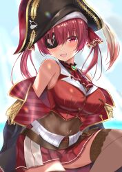 Rule 34 | 1girl, hat, heterochromia, hololive, houshou marine, ichinose (24746718), jacket, looking at viewer, open clothes, open jacket, open mouth, red eyes, red hair, smile, solo, yellow eyes