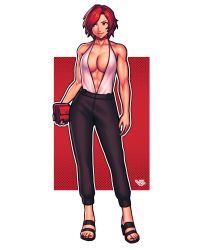 Rule 34 | 1girl, abs, absurdres, adapted costume, bag, black pants, breasts, choker, cleavage, contrapposto, facing viewer, full body, handbag, highres, holding, holding bag, large breasts, looking to the side, mature female, muscular, muscular female, no bra, pants, plunging neckline, red choker, red eyes, red hair, sandals, short hair, sleeveless, solo, the king of fighters, toeless footwear, toenails, toes, vanessa (kof), vj99