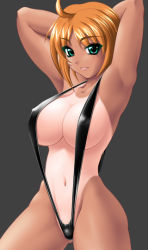 Rule 34 | 1girl, ahoge, armpits, arms behind back, arms behind head, arms up, breasts, green eyes, grey background, huge breasts, one-piece tan, simple background, slingshot swimsuit, solo, swimsuit, tan, tanline, yn red