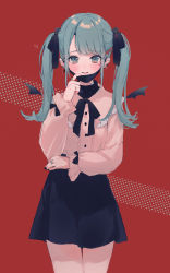 Rule 34 | 1girl, black bow, black nails, black skirt, blue eyes, blue hair, blush, bow, collared shirt, dress shirt, ear piercing, facial mark, fangs, frilled shirt collar, frills, hair bow, hand up, hatsune miku, heart, highres, jewelry, long hair, long sleeves, mask, mask pull, mouth mask, nail polish, parted lips, piercing, pink shirt, polka dot, polka dot background, puffy long sleeves, puffy sleeves, red background, ring, shirt, skirt, sleeves past wrists, smile, solo, suzumori uina, twintails, vampire (vocaloid), vocaloid