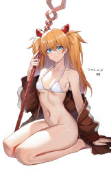 Rule 34 | 1girl, absurdres, arm support, bare legs, barefoot, bident, bikini, bikini top only, blush, bottomless, breasts, breasts apart, collarbone, dated, highres, holding, holding polearm, holding weapon, jacket, jacket partially removed, lance of longinus (evangelion), light smile, long hair, looking at viewer, navel, neon genesis evangelion, orange hair, polearm, seiza, signature, simple background, sitting, small breasts, souryuu asuka langley, stomach, swimsuit, track jacket, two side up, very long hair, wangqi, weapon, white background, white bikini
