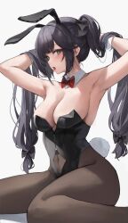 Rule 34 | 1girl, absurdres, alternate costume, animal ears, bare arms, bare shoulders, black hair, black leotard, black pantyhose, black ribbon, blush, bow, bowtie, breasts, cleavage, covered navel, detached collar, fake animal ears, fake tail, genshin impact, grey eyes, hair ribbon, hands in hair, highres, large breasts, leotard, leviathan (hikinito0902), long hair, looking at viewer, mona (genshin impact), open mouth, pantyhose, playboy bunny, rabbit ears, rabbit tail, red bow, red bowtie, ribbon, simple background, sitting, solo, tail, thighs, tongue, tongue out, twintails, wariza, white background, wrist cuffs