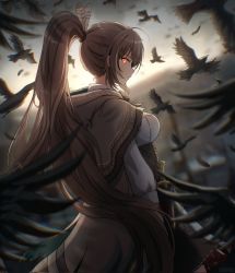 Rule 34 | 1girl, ahoge, back, bird, blurry, blurry background, brown capelet, brown cloak, brown corset, brown hair, cape, capelet, cloak, corset, crow, dagger, depth of field, feather hair ornament, feathers, flock, hair ornament, hairclip, highres, hololive, hololive english, horizon, knife, long hair, looking at viewer, looking back, multicolored hair, nanashi mumei, nanashi mumei (1st costume), pleated skirt, ponytail, red eyes, red skirt, shirt, skirt, streaked hair, sunrise, suoniko, very long hair, virtual youtuber, weapon, white shirt