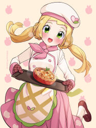 Rule 34 | 1girl, :d, apple pie, apron, baking sheet, blonde hair, blunt bangs, blush, brown footwear, brown mittens, buttons, commentary request, cosplay, creatures (company), double-breasted, eyelashes, floating hair, food, game freak, green eyes, hat, highres, kinocopro, lillie (pokemon), long hair, long sleeves, mallow (pokemon), mallow (pokemon) (cosplay), mittens, nintendo, open mouth, oven mitts, pie, pink skirt, pokemon, pokemon masters ex, pokemon sm, shirt, shoes, skirt, smile, socks, solo, tongue, twintails, twitter username, waist apron, watermark, white hat, white socks