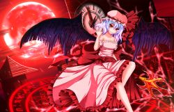Rule 34 | 1girl, alternate costume, alternate wings, bad id, bad pixiv id, bare legs, bare shoulders, blue hair, breasts, clock, clock tower, collarbone, ddfftasogare, dress, dutch angle, fingernails, full moon, hand up, hat, hat ribbon, head tilt, hexagram, high heels, highres, leg up, lightning, looking at viewer, magic circle, mob cap, moon, nail polish, parted lips, red eyes, red moon, remilia scarlet, ribbon, sash, sharp fingernails, short hair, sitting, solo, spear the gungnir, strapless, strapless dress, tasogare (ddfftasogare), touhou, tower, wings