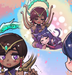 Rule 34 | 2girls, :3, :d, animal ears, bare shoulders, blush, brown hair, cat ears, cat tail, covered collarbone, dark-skinned female, dark skin, detached sleeves, drooling, irelia, karma (league of legends), kemonomimi mode, league of legends, looking at another, lying, multiple girls, multiple views, on lap, open mouth, outdoors, phantom ix row, pink eyes, smile, tail, thought bubble, tree