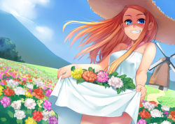 Rule 34 | 1girl, bare shoulders, blue eyes, blue sky, blush, breasts, clothes lift, cloud, commentary request, cowboy shot, day, dress, dress lift, dutch angle, fang, field, flower, flower field, freckles, grass, grin, hair ornament, hair over breasts, hairclip, halterneck, hat, lifting own clothes, long hair, looking at viewer, medium breasts, mountain, nature, no bra, no panties, orange hair, original, out-of-frame censoring, outdoors, shadow, skirt basket, sky, sleeveless, smile, solo, summer, sun hat, sundress, torii yoshitsuna, trail, white dress, wind, windmill