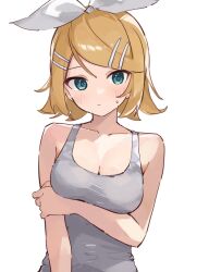 Rule 34 | 1girl, :/, alternate breast size, arm under breasts, bare shoulders, blonde hair, blue eyes, blush, bow, breasts, cleavage, closed mouth, collarbone, dot nose, flipped hair, grey shirt, hair bow, hair ornament, hairclip, highres, holding own arm, kagamine rin, looking at viewer, medium breasts, medium hair, rakugaki ningen, shirt, simple background, sleeveless, sleeveless shirt, solo, straight hair, swept bangs, upper body, vocaloid, white background, white bow
