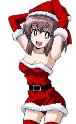 Rule 34 | 1girl, arm behind head, armpits, arms up, belt, black belt, breasts, bright pupils, brown eyes, brown hair, christmas, cleavage, commentary, cowboy shot, dress, elbow gloves, girls und panzer, gloves, hat, highres, kondou taeko, looking at viewer, medium breasts, medium hair, microdress, open mouth, panties, pantyshot, ponzu rui, red gloves, red panties, red thighhighs, santa dress, santa hat, simple background, smile, solo, standing, strapless, strapless dress, thighhighs, underwear, white background, white pupils