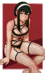 Rule 34 | 1girl, absurdres, animal ears, arm support, artist name, bare arms, bare shoulders, black bra, black garter belt, black hair, black panties, blush, border, bra, breasts, closed mouth, fishnet thighhighs, fishnets, foot out of frame, garter belt, hair between eyes, hairband, highres, large breasts, legs, light smile, lingerie, looking at viewer, mangho, no shoes, outside border, panties, patreon username, red background, red eyes, short hair, short hair with long locks, sidelocks, sitting, solo, spy x family, thighhighs, thighs, underboob, underwear, underwear only, watermark, web address, white border, white hairband, yor briar