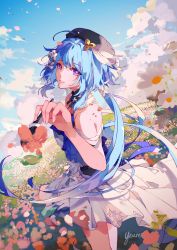 Rule 34 | 1girl, artist name, bare shoulders, beret, black hat, blue hair, blue sky, cloud, cloudy sky, dress, field, flower, flower field, griseo, griseo (starry impression), hat, highres, holding, holding brush, honkai (series), honkai impact 3rd, long hair, off-shoulder dress, off shoulder, outdoors, petals, purple eyes, signature, sky, solo, twintails, white dress, yeurei