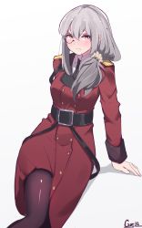 Rule 34 | 1girl, absurdres, arm support, artist name, blush, breasts, clothing request, coat, epaulettes, gar32, girls&#039; frontline, grey hair, griffin &amp; kryuger military uniform, helianthus (girls&#039; frontline), highres, long hair, medium breasts, monocle, pantyhose, red coat, solo, white background