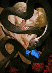 Rule 34 | 2boys, bite mark, black snake, blonde hair, blood, blood on body, blue butterfly, brown hair, bug, butterfly, closed eyes, completely nude, curtained hair, flower, godsstation, highres, insect, jack krauser, leon s. kennedy, male focus, multiple boys, nude, open mouth, red flower, resident evil, resident evil 4, resident evil 4 (remake), snake, tongue, tongue out, yaoi