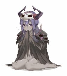 Rule 34 | 1girl, blush, colored skin, cosplay, covered mouth, dark-skinned female, dark skin, eiri (eirri), fate/grand order, fate/prototype, fate/prototype: fragments of blue and silver, fate (series), full body, hassan of serenity (fate), horns, king hassan (fate), king hassan (fate) (cosplay), mask, navel, purple eyes, purple hair, short hair, sitting, skull mask, white background