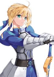 Rule 34 | 1girl, absurdres, arm rest, armor, armored dress, artoria pendragon (all), artoria pendragon (fate), blonde hair, blue dress, blue ribbon, dress, excalibur (fate/stay night), fate/stay night, fate/zero, fate (series), from side, gauntlets, green eyes, hair bun, hair ribbon, highres, holding, holding sword, holding weapon, looking at viewer, parted lips, planted, planted sword, planted weapon, ribbon, saber (fate), short hair, simple background, single hair bun, smile, solo, sword, weapon, white background, yanagi marie