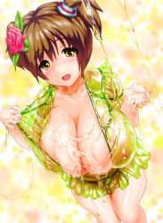 Rule 34 | 1girl, 2t (tanakatakuto), absurdres, breasts, brown hair, cleavage, covered erect nipples, female focus, flower, hair ornament, highres, huge breasts, lube, nipples, original, see-through, sexually suggestive, short hair, short twintails, solo, twintails, yellow eyes