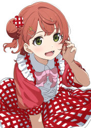 1girl :3 absurdres blush bow bowtie commentary_request dress dress_tug frills green_eyes hair_bun hair_ornament hairclip hand_in_own_hair highres icehotmilktea looking_at_viewer love_live! love_live!_nijigasaki_high_school_idol_club medium_hair open_mouth orange_hair pink_bow pink_bowtie plaid_clothes plaid_dress red_dress simple_background single_hair_bun smile solo two-tone_dress uehara_ayumu upper_body white_background white_dress wind wind_lift