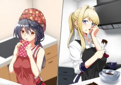 Rule 34 | 2girls, alternate costume, alternate hairstyle, apron, black hair, blonde hair, blue eyes, box, breasts, brown eyes, chocolate, cooking, gift, gift box, gradient hair, graf zeppelin (kancolle), hair between eyes, hair ornament, hairclip, haruna (kancolle), japanese clothes, kantai collection, kitchen, large breasts, long hair, multicolored hair, multiple girls, red apron, shirt, sidelocks, twintails, utsumi karmin, valentine, white shirt