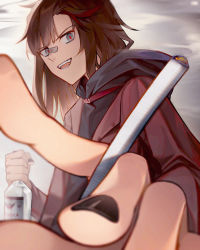 Rule 34 | 1girl, absurdres, alcohol, arknights, bandaid, bandaid on face, bandaid on nose, blue eyes, brown hair, cigarette, glass bottle, highres, holding, holding cigarette, hood, hoodie, jacket, looking at viewer, pointing, pointing at viewer, russian commentary, solo, ursus empire logo, vodka, zima (arknights), zwa