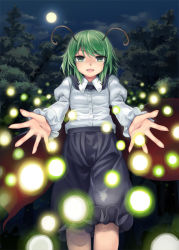 Rule 34 | 1girl, antennae, cape, cloud, danmaku, fireflies, forest, full moon, glowing, green eyes, green hair, hakiata, juliet sleeves, long sleeves, looking at viewer, matching hair/eyes, moon, nature, night, open hands, open mouth, outdoors, outstretched arms, puffy sleeves, short hair, shorts, solo, touhou, wriggle nightbug