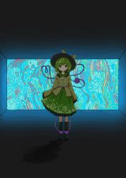 Rule 34 | 1girl, abstract background, absurdres, black footwear, black hat, blouse, boots, bow, closed mouth, commentary request, dark background, eyeball, floral print, frilled shirt collar, frills, full body, green eyes, green hair, green skirt, hat, hat bow, heart, heart of string, highres, komeiji koishi, looking at viewer, medium hair, neruzou, petticoat, shirt, skirt, sleeves past fingers, sleeves past wrists, smile, solo, standing, third eye, touhou, wide sleeves, yellow bow, yellow shirt