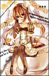 Rule 34 | 1girl, bad id, bad pixiv id, coffee, cup, dress, elbow gloves, gloves, hat, hazuki mizuho, high heels, original, shoes, sitting, solo, striped clothes, striped thighhighs, thighhighs