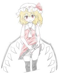 Rule 34 | 1girl, bare arms, bare shoulders, black thighhighs, blonde hair, bloomers, blush, bow, clothes lift, commentary request, crystal, dress, dress lift, flandre scarlet, hat, hat bow, head tilt, lifting own clothes, long hair, mob cap, naegi (naegidokoro), panties, panties under bloomers, parted lips, pointy ears, red bow, red dress, red eyes, simple background, sleeveless, sleeveless dress, solo, sweat, thighhighs, touhou, underwear, wavy mouth, white background, white bloomers, white hat, white neckwear, white panties, wings