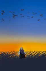 Rule 34 | 1girl, bird, bkornblume, black coat, blue scarf, chinese commentary, coat, commentary request, fence, grass, grey hair, headphones, highres, long hair, outdoors, reverse:1999, same (uminiiru1000s), scarf, solo, sunset, tall grass, wide shot