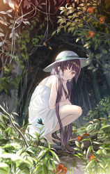 Rule 34 | 1girl, bare shoulders, barefoot, blush, character request, closed mouth, copyright request, dress, flower, forest, grass, hand on own thigh, hat, highres, long hair, looking at viewer, nature, outdoors, plant, purple hair, red eyes, red flower, sleeveless, sleeveless dress, smile, solo, squatting, sun hat, tan (tangent), thighs, tree, very long hair, white dress, white hat
