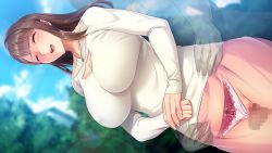 Rule 34 | 1girl, appetite, blurry, blurry background, blush, breasts, brown hair, censored, cleavage, cleavage cutout, closed eyes, clothing aside, clothing cutout, cloud, day, embarrassed, game cg, groin, hands together, invisible man, jewelry, konoe yuki, large breasts, long hair, mosaic censoring, necklace, open mouth, original, outdoors, panties, panties aside, pantyshot, penis, penis under another&#039;s clothes, pink skirt, pussy, skirt, sky, smile, standing, thigh sex, torso grab, toumei oyaji no stealth ntr, tree, underwear, x-ray