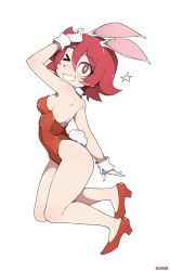 1girl absurdres animal_ears breasts fake_animal_ears gloves high_heels highres legs little_witch_academia once_11h one_eye_closed playboy_bunny rabbit_ears red_hair shiny_chariot short_hair solo wink