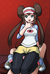 Rule 34 | 1boy, 1girl, absurdres, blue shirt, breasts, brown hair, clothed female nude male, couch, creatures (company), erection, game freak, hetero, highres, long hair, mosbles, nintendo, nude, open mouth, pantyhose, penis, penis visible through thighs, pokemon, pokemon bw2, pokemon masters ex, poses, precum, red background, rosa (pokemon), rubbing, shirt, shoes, shorts, sitting, sitting on person, sneakers, thick thighs, thigh sex, thigh sex over clothes, thighs, twintails, visor cap, white shirt, yellow shorts
