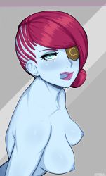Rule 34 | 1girl, :p, afrobull, artist name, bad id, bad pixiv id, blue eyes, blue skin, blue tongue, blush, breasts, colored skin, colored tongue, commentary, completely nude, destiny (game), english commentary, eyepatch, from side, hair bun, highres, looking at viewer, medium breasts, nipples, nude, petra venj, red hair, red lips, short hair, simple background, single hair bun, solo, tongue, tongue out, topless frame, upper body