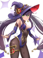 Rule 34 | 1girl, absurdres, ass, black hair, black pantyhose, choker, commentary, detached sleeves, earrings, genshin impact, green eyes, hair between eyes, hair ornament, hat, hat ornament, highres, jewelry, leaning forward, long hair, long sleeves, looking at viewer, mona (genshin impact), nipple slip, nipples, pang-yo, pantyhose, sidelocks, simple background, solo, twintails, witch hat
