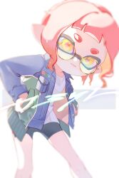 Rule 34 | 05 ruri, 1girl, bike shorts, black shorts, blue jacket, commentary, cowboy shot, glasses, hands in pockets, highres, inkling, inkling girl, inkling player character, jacket, light smile, long sleeves, looking at viewer, multicolored clothes, multicolored jacket, nintendo, open clothes, open jacket, pink hair, pink pupils, pointy ears, round eyewear, shirt, short hair, shorts, solo, splatoon (series), splatoon 3, symbol-only commentary, tentacle hair, tinted eyewear, white background, white shirt, yellow-framed eyewear, yellow eyes