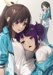Rule 34 | 3girls, black hair, blue eyes, blue jacket, blue pants, bralines, breast pillow, breast press, breasts, brown hair, commentary request, gym uniform, head rest, highres, idolmaster, idolmaster shiny colors, jacket, jersey, large breasts, leaning on person, long hair, long sleeves, medium breasts, mitsumine yuika, multiple girls, noeru, open clothes, open jacket, open mouth, pants, ponytail, purple eyes, purple hair, reclining, red eyes, shirt, short hair, simple background, sleeves pushed up, tanaka mamimi, track jacket, track suit, triangle mouth, tsukioka kogane, twintails, white shirt