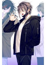 Rule 34 | 3boys, black hair, black jacket, black mask, blue eyes, brown coat, brown hair, coat, cup, drinking straw, drinking straw in mouth, earclip, earrings, fangs, fangs out, fingernails, fox boy, gradient background, hand in pocket, hand up, highres, holding, holding cup, hood, hooded jacket, ike eveland, jacket, jewelry, looking at viewer, looking away, male focus, mask, unworn mask, medium hair, multicolored hair, multiple boys, mysta rias, necklace, nijisanji, nijisanji en, open clothes, open jacket, purple background, red hair, ring, sharp fingernails, sweater, turtleneck, turtleneck sweater, virtual youtuber, vox akuma, white background, white jacket, white sweater, zang shih