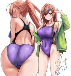 Rule 34 | 1girl, arisugawa natsuha, breasts, brown eyes, commission, competition swimsuit, covered navel, cowboy shot, dated, eyewear on head, feet out of frame, green jacket, groin, highleg, highleg swimsuit, highres, idolmaster, idolmaster shiny colors, jacket, large breasts, light brown hair, multiple views, one-piece swimsuit, pixiv commission, ponytail, purple one-piece swimsuit, signature, simple background, standing, striped clothes, striped one-piece swimsuit, sunglasses, swimsuit, two-tone swimsuit, vertical-striped clothes, vertical-striped one-piece swimsuit, white background, yoo tenchi