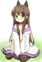 Rule 34 | 1girl, between legs, black bow, black shirt, black thighhighs, blush, bow, bowtie, brown hair, closed mouth, commentary request, cosplay, frilled skirt, frills, full body, gradient background, green eyes, hair bow, half updo, hand between legs, hand on own chest, highres, japanese clothes, kimono, long hair, long sleeves, looking at viewer, off shoulder, pink bow, pink bowtie, purple skirt, shirt, sidelocks, sitting, skirt, sleeveless, sleeveless shirt, solo, tatsumi kon, thighhighs, tk (tk47773), two-tone background, urara meirochou, wariza, white kimono, wide sleeves, yukimi koume, yukimi koume (cosplay)