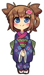 Rule 34 | 1girl, bleuzer, blue eyes, blush, brown footwear, brown hair, closed mouth, commentary request, floral print kimono, flower, folded hair, full body, green sash, hair flower, hair ornament, hair rings, highres, japanese clothes, kimono, long sleeves, looking at viewer, natsumi (ragnarok online), obi, own hands together, pink flower, purple kimono, ragnarok online, sandals, sash, short hair, simple background, smile, socks, solo, split mouth, standing, tabi, white background, white socks, wide sleeves, zouri